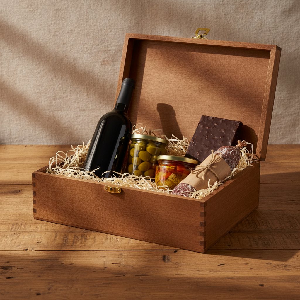 Box gourmet: caja de madera con vino, aceitunas, chocolate y delicatessen
