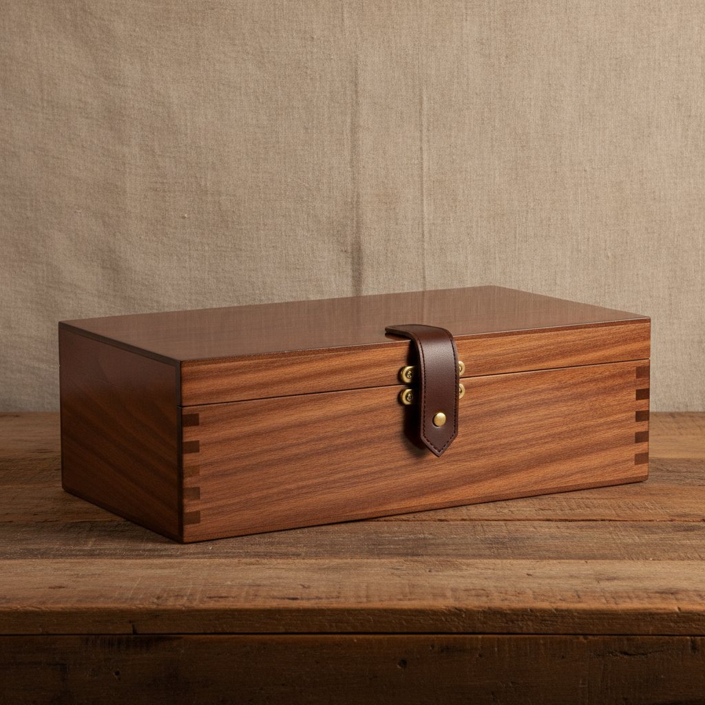 Caja de madera con bisagra embutida y broche de cuero
