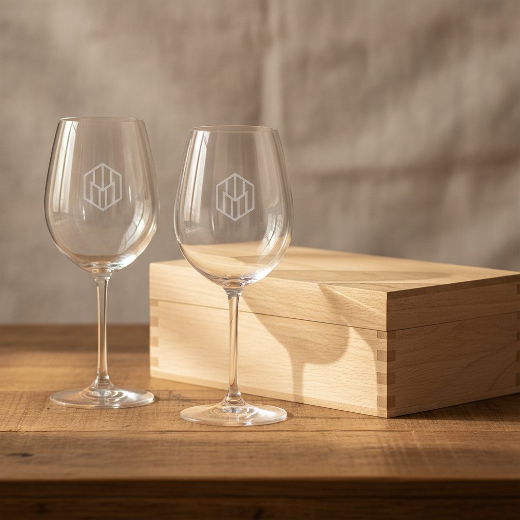 Copas de vino grabadas al láser junto a caja de madera