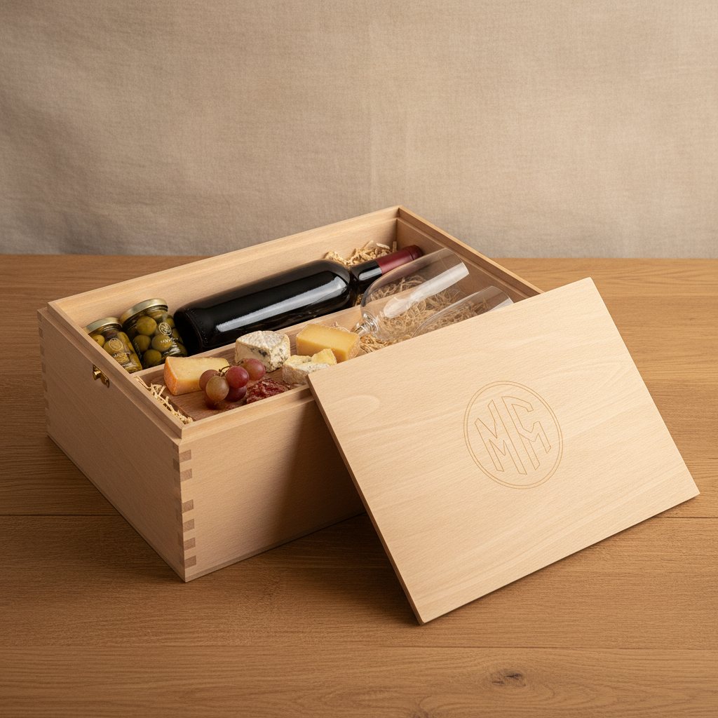 Box de regalo empresarial: caja de madera grabada con vino, copas y delicatessen