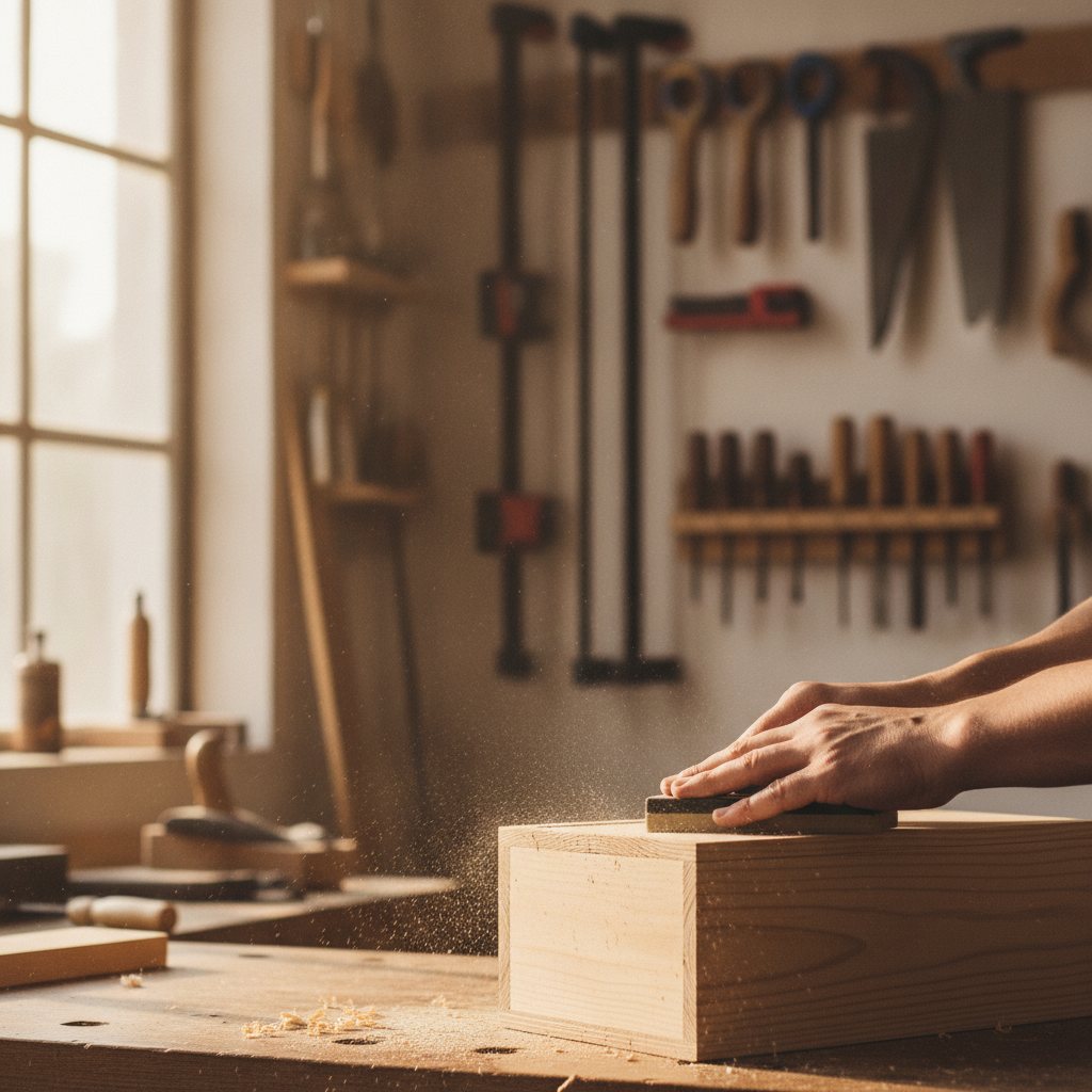 Manos de artesano lijando una caja de madera en el taller